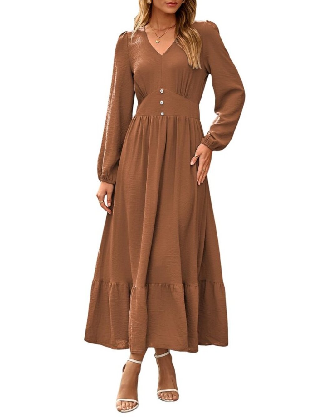 Womens Maxi Dresses Casual V Neck Elegant Flowy Tiered Dress